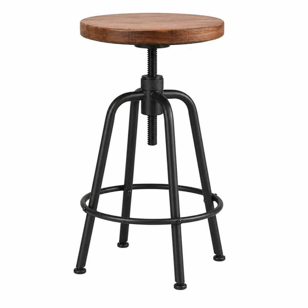 Taburete ajustable de madera maciza y acero con asiento redondo