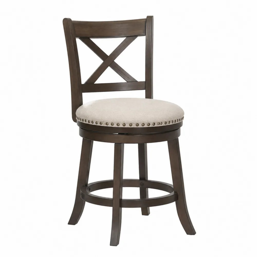 Silla giratoria de madera de caucho con asiento tapizado beige