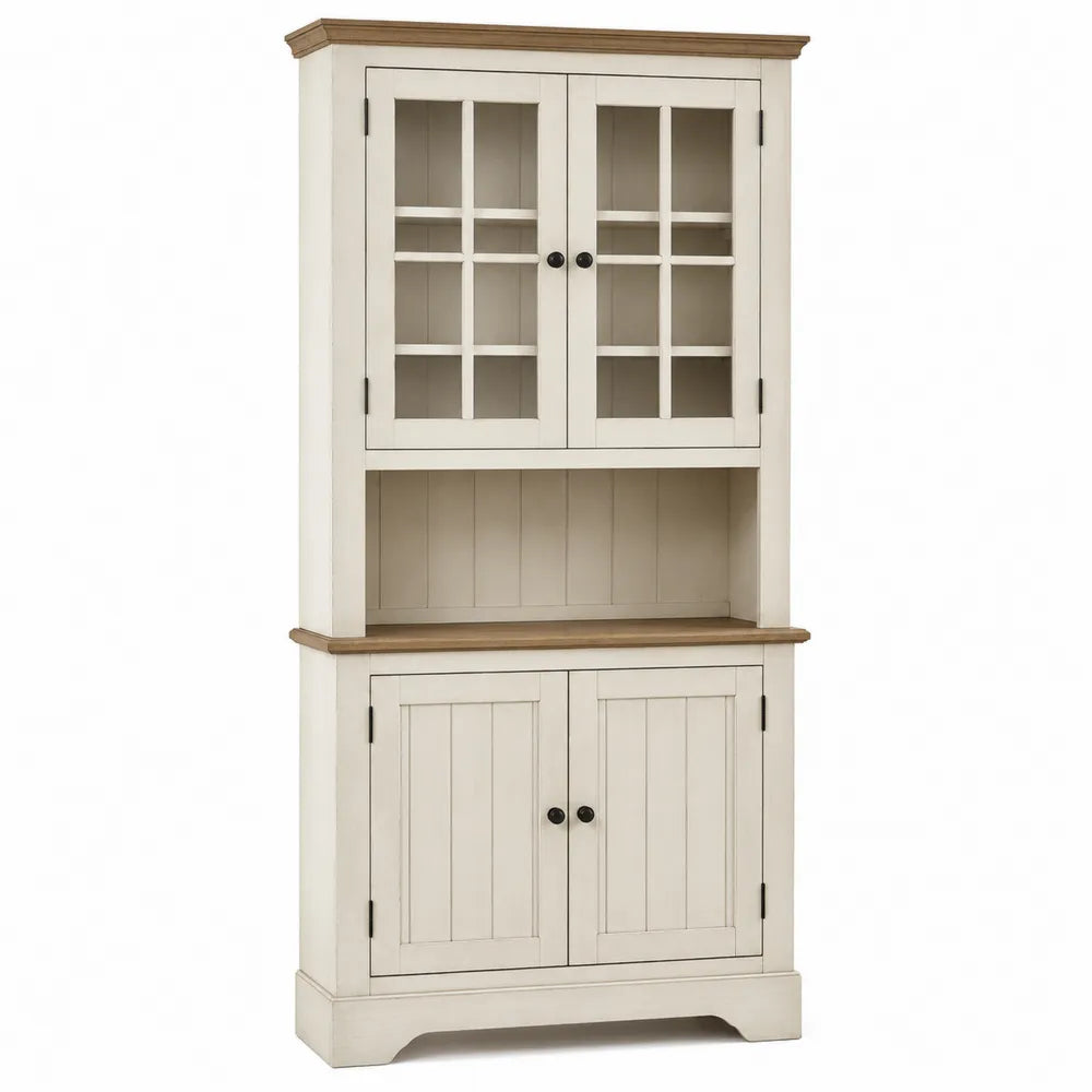 Aparador de Madera MDF Blanco y Roble con Puertas de Vidrio