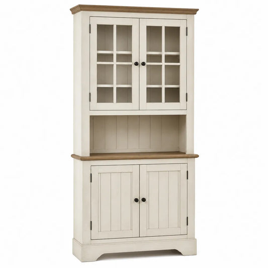 Aparador de Madera MDF Blanco y Roble con Puertas de Vidrio