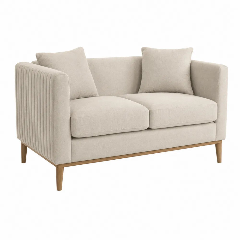Sofá de dos plazas beige con estructura de madera y tapizado de lino 150 cm