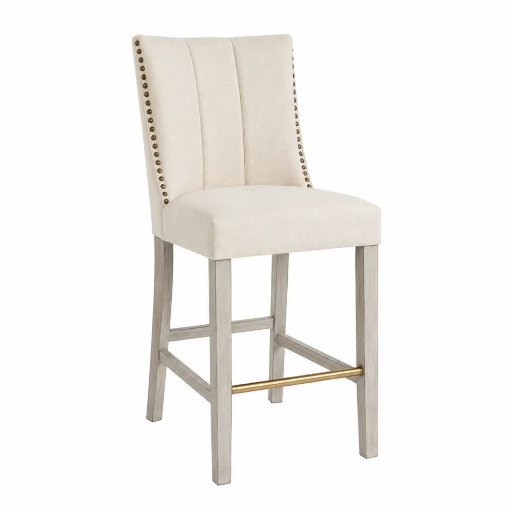 Taburete de bar de tela crema con patas de madera