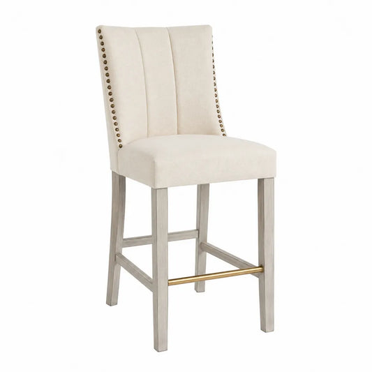 Taburete de bar de tela crema con patas de madera