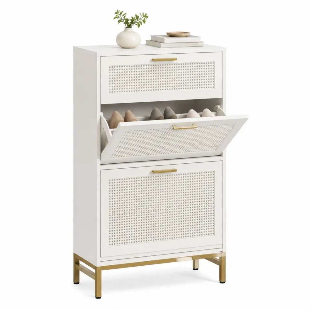 Zapatero de madera MDF blanco con patas metálicas doradas