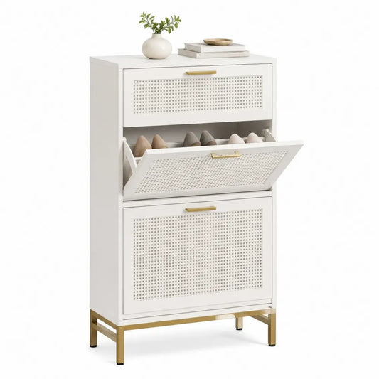 Zapatero de madera MDF blanco con patas metálicas doradas