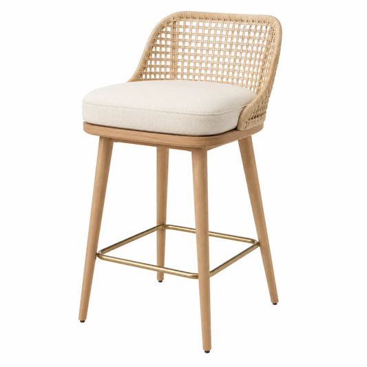 Taburete de madera con respaldo de ratán y asiento beige