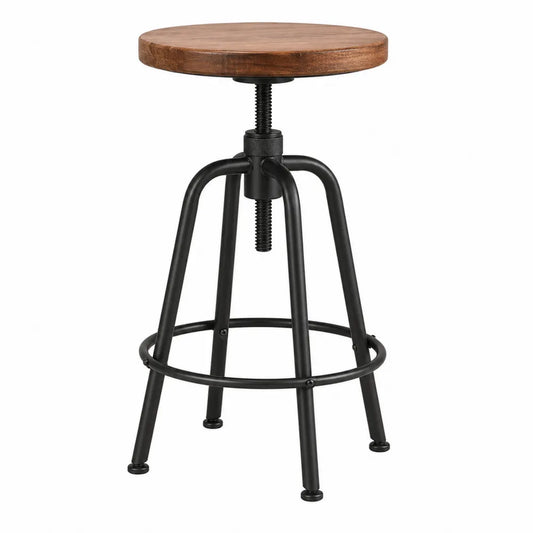 Taburete ajustable de madera maciza y acero con asiento redondo