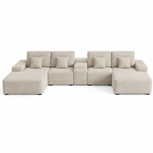 Sofá modular esquinero en U de terciopelo beige con cojines