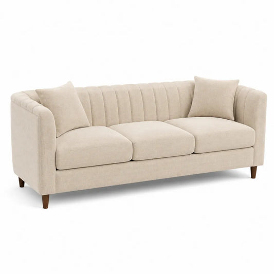 Sofá de tres plazas de tela y madera beige