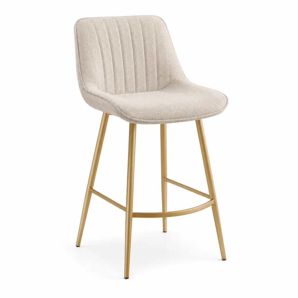 Taburete de barra de tela beige con estructura metálica dorada